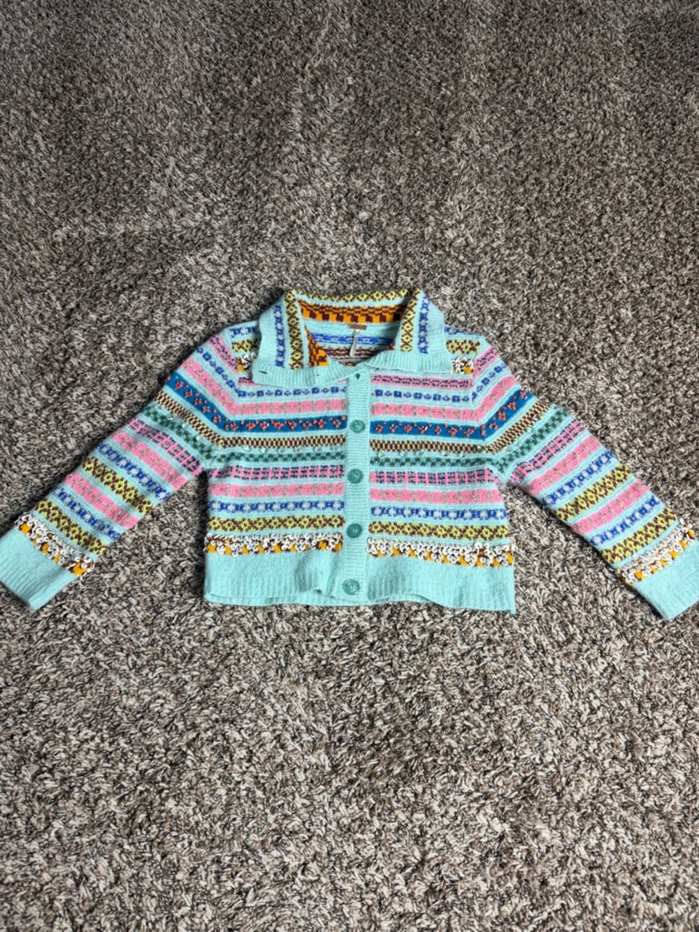 Free People Mint Multicolor Fair Isle Cropped Cardigan